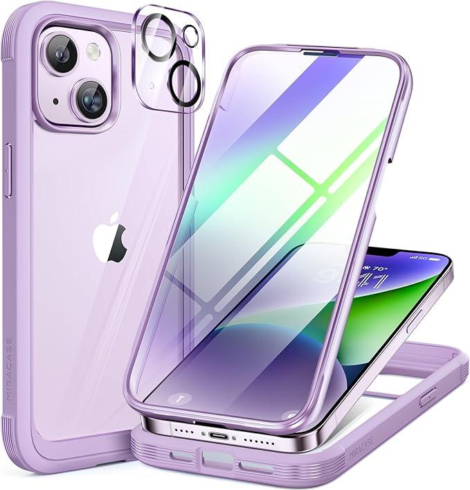 Miracase Glass Series Designed for iPhone 14 Plus Case 6.7 inch, 2023 Upgrade Full-Body Clear Bumper Case with Built-in 9H Tempered Glass Screen Protector and Camera Lens Protector,Green