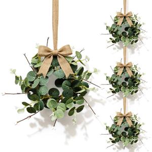 4 Pcs Small Eucalyptus Hanging Wreaths for Cabinets Artificial Greenery Mini Candle Ring Wreath with White Bud Stems and Linen Ribbon for Home Kitchen Front Door Window Wall Wedding Farmhouse Decor