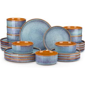 vancasso ONION Ceramic Plates and Bowls Sets, 24 Pieces Blue Dinnerware Sets for Kitchen, Reactive Glaze Dishes Set for 8, Dishwasher and Microwave Safe
