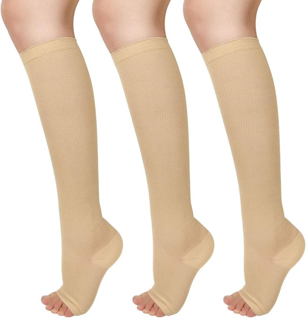 3 Pairs Open Toe Compression Socks Women Knee High Toeless 15-25 mmHg