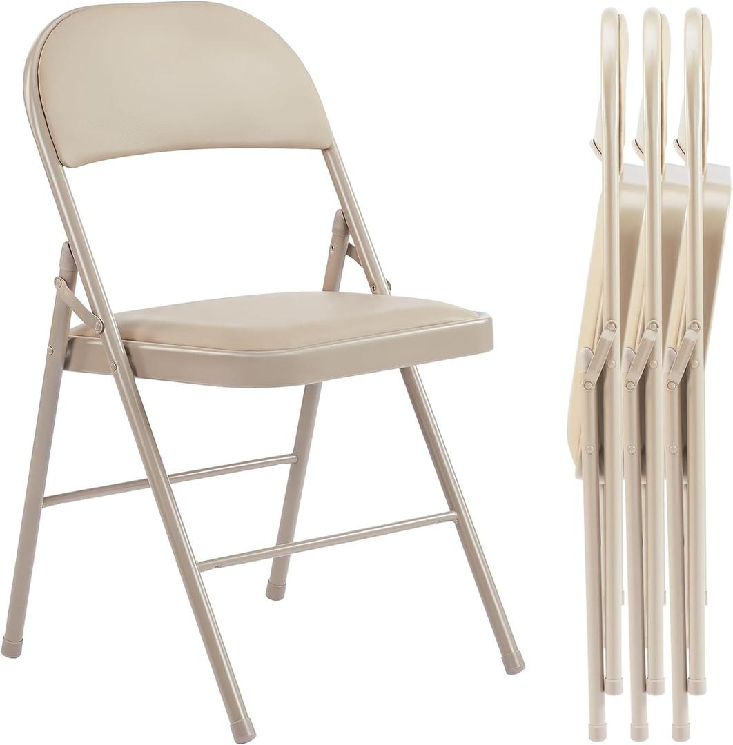 Folding Chairs 4 Pack, Portable Stackable Commercial Chair, Indoor Outdoor Padded Leather Chair with Sturdy Metal Frame, for Home, Office, or Party Events. (Kahki)