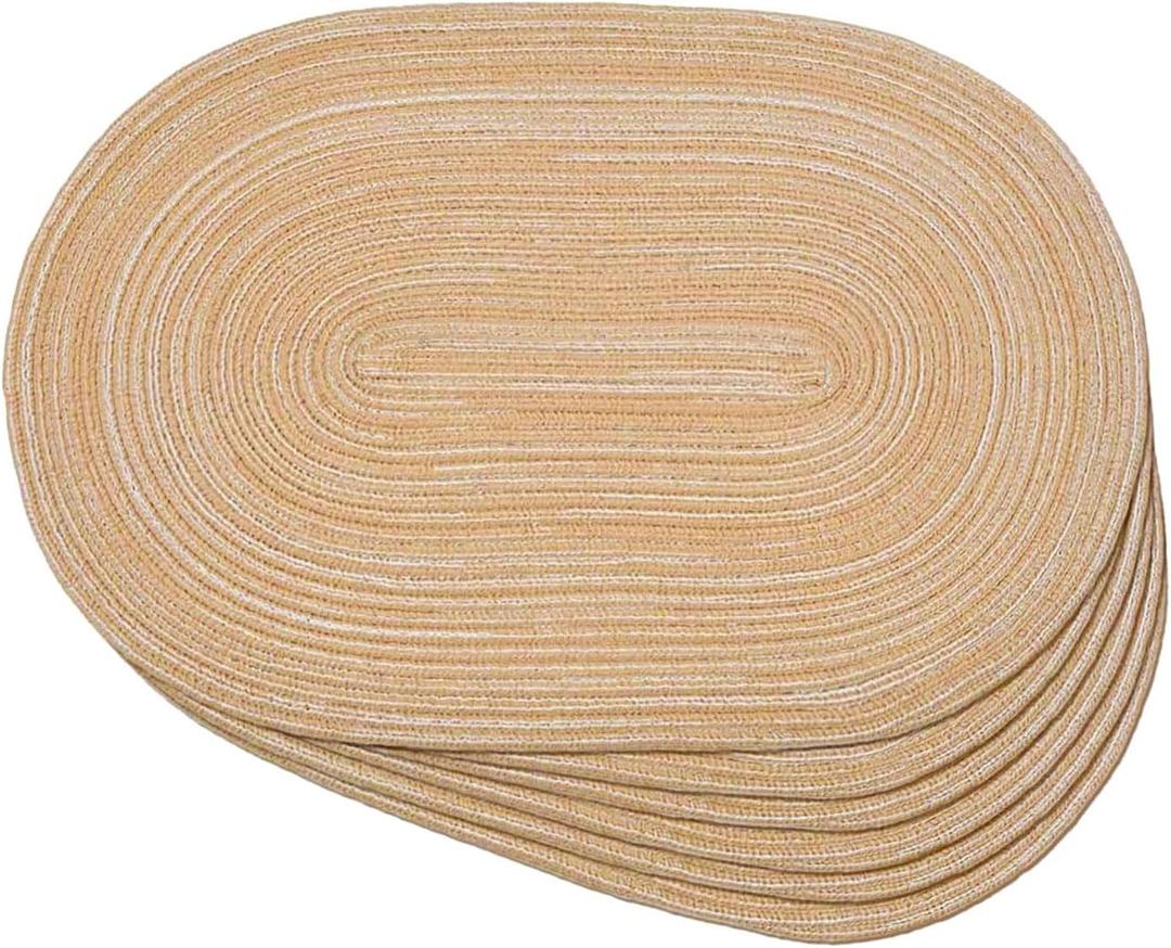 Noctiflorous Oval Braided Placemats Set of 6 Woven 12x18 Inch Non Slip Washable Heat Resistant Place Mats Round Tablemats for Dining Kitchen Party Daily Table Decor Dinner Mats (Beige Brown, 6)