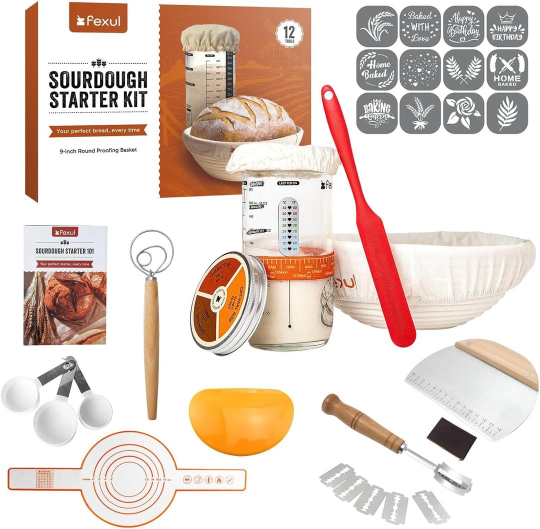 Sourdough Starter Kit with 9 Inch Banneton Bread Proofing Basket, 24oz Starter Jar & Recipe Book  Complete Sourdough Bread Baking Supplies Set with Dough Whisk & Scraper for Artisan Home Bakers