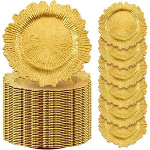 Tanlade 100 Pcs Reef Charger Plates Bulk 13 Inch Plastic Wedding Chargers Floral Decorative Plates with Metallic Ruffled Rim for Wedding Party, Holiday Event Supplies(Gold), Classic Style