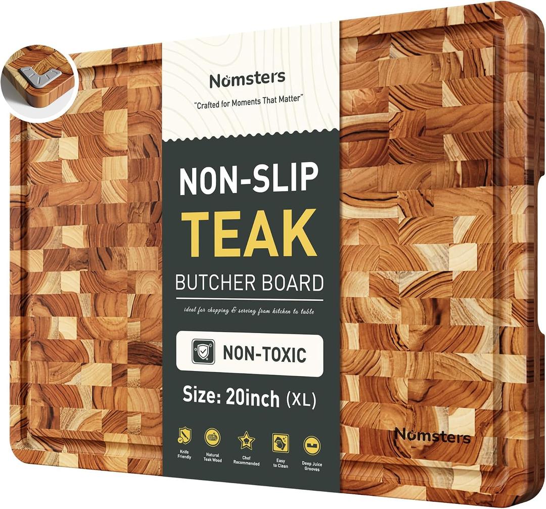 Teak Wood Extra Large End Grain Cutting Board for Kitchen with Non-slip Feet, Heavy Duty Checkered Cutting Board Handcrafted Luxury Chopping Board for Cheese and Vegetables Housewarming Gift, 20"L x 15"W