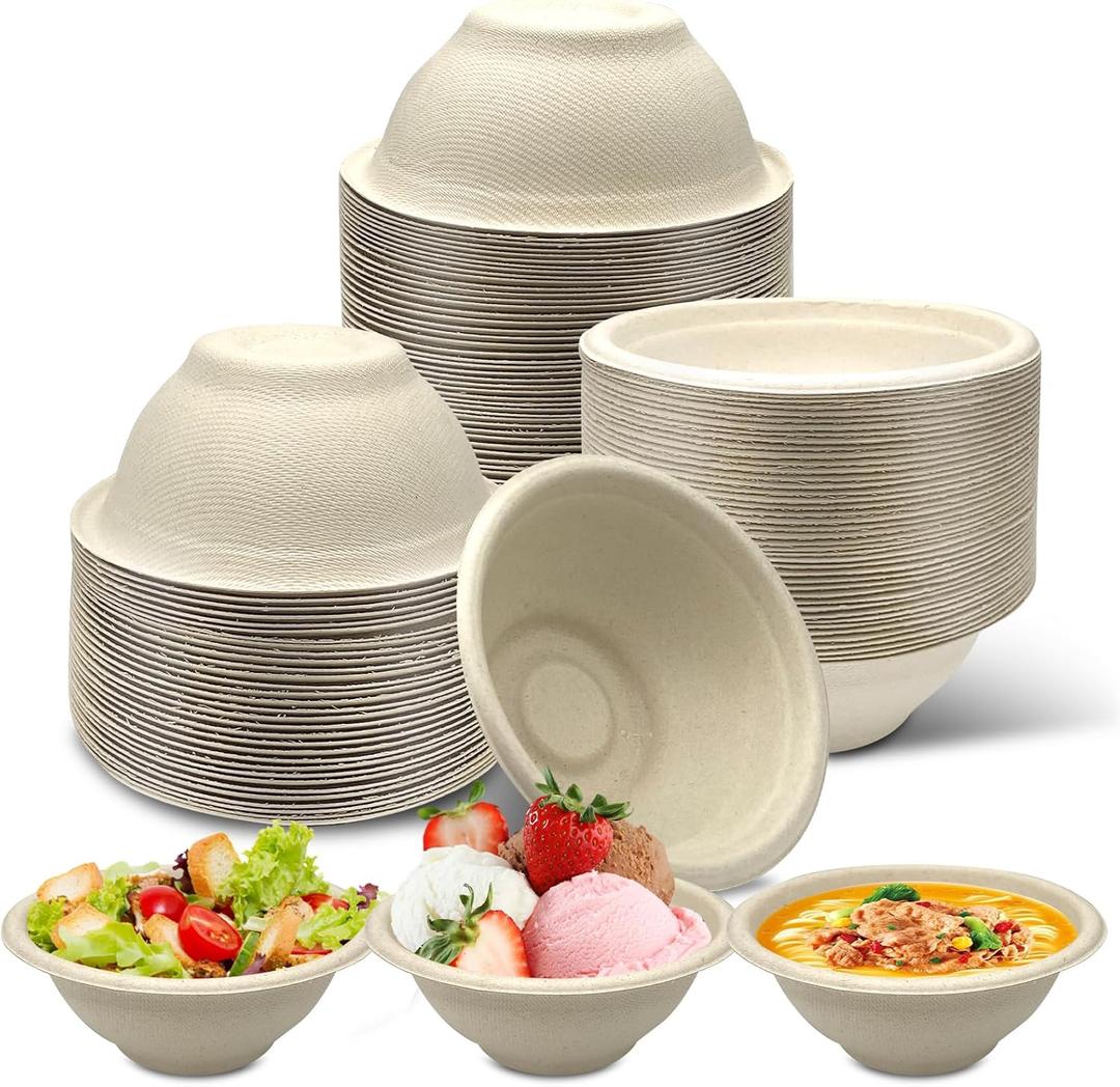 150 Pack Small Heavy-Duty Disposable Compostable Bowls, Natural Bagasse, 8 oz for Sample, Snack, Ice Cream, Salad, Soup, Dessert, Condiment, Sauce