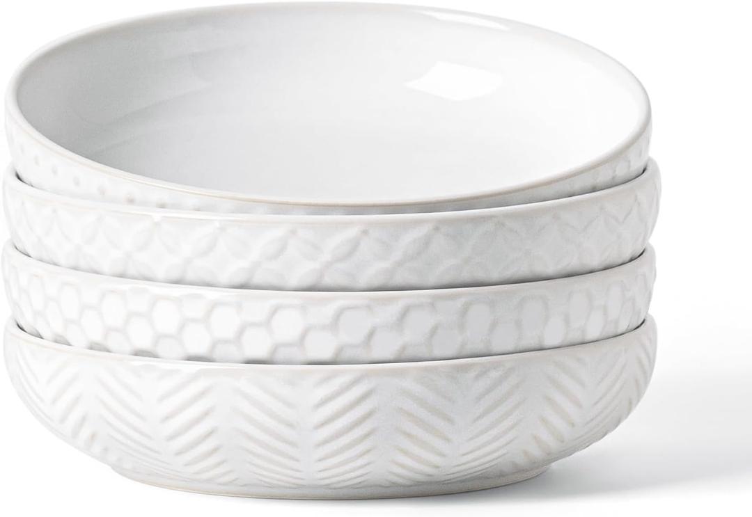 FOBENTA Embossed Ceramic Pasta Bowls Set of 4 Medium 7.5-Inch, 26oz Serving Bowls for Pasta, Salad, Fruit Stackable, Microwave & Dishwasher Safe Great Gift for Housewarming or Everyday Use