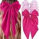 3Pcs Satin Hair Accessories: Big Bows, Hair Ties, and Long Tail Clips for Women and Girls (Purple, Pink, Magenta) 2 Pack