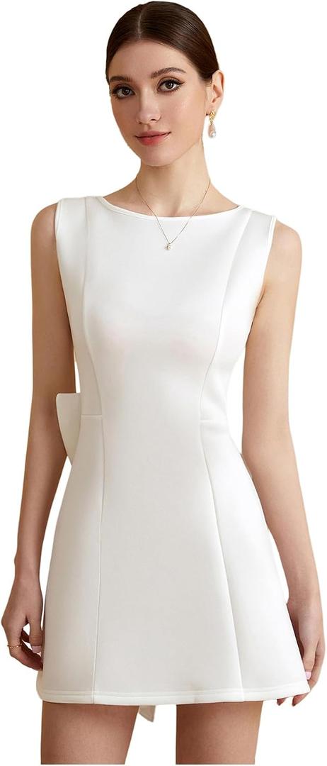 Women's Backless Bow Dress Sleeveless Crew Neck Elegant Party Mini Dresses (L)