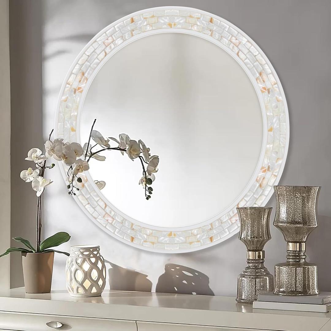 Tanmicoshomy Round Wall Mirror 24 Inch,Circle Mosaic Mirror with Natural Mother of Pearl and Wood Frame, Decorative Coastal Round Wall Mirror for Bathroom Bedroom Living Room Entryway (White)