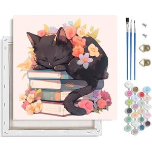 TCDZMYGS Cat Paint by Numbers Kit for Adults Beginner,Book Flower Adult Paint by Number Kits on Canvas with Frame,DIY Acrylic Oil Painting by Numbers Kits for Home Wall Decor 10x10 inch
