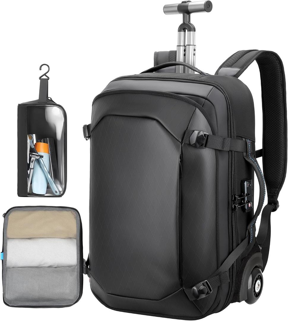Rolling Laptop Backpack, Carry on Backpack with Wheels, Water Resistant Carry on Suitcase with 2 Packing Cubes, TSA Large Travel Wheeled Backpack for Men to Airline Work Business, Black