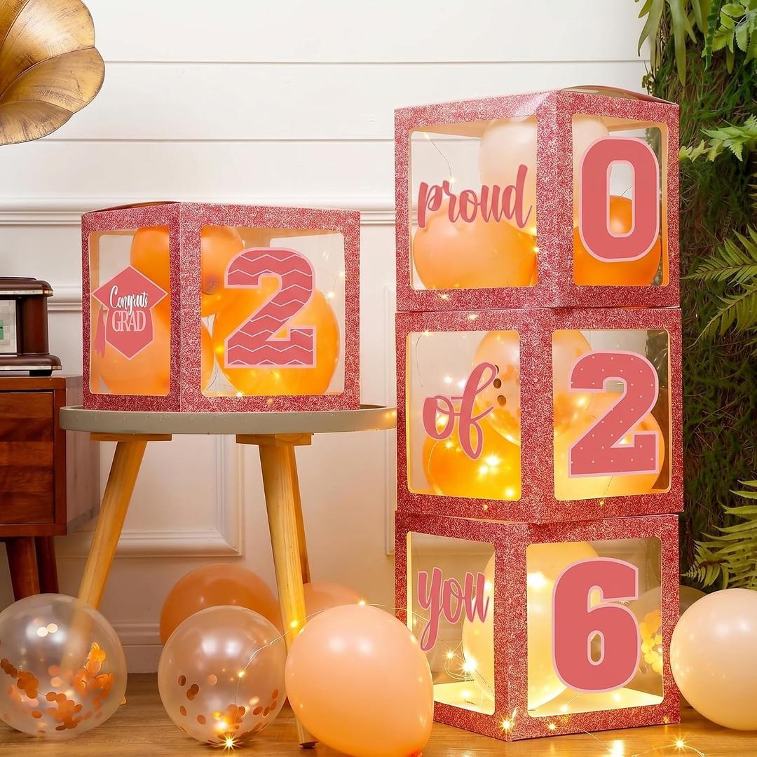 Jerify 44 PCS Graduation 2026 Box Decorations with Balloon & LED Light Strings - Congrats Grad Proud of You Balloon Boxes Party Supplies for Class of 2026 School College Decor(Pink)