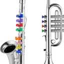 Lewtemi Set of 2 Musical Instruments Include Toy Trumpet and Saxophone Set Plastic Trumpet Educational Christmas Toy Home School Music Gift, Color Keys (Silver)