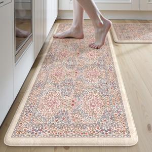 Collive Kitchen Mats for Floor 2PCS, Cushioned Anti Fatigue Mat Waterproof Kitchens Sink Rug Non Slip, Pink/Blue Floral Rugs Comfort Standing Mat for Laundry, Desk, Bar, Office (17.3"x47"+17.3"x29")