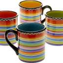 Sunrise Mugs Set of 4, 15 oz Colorful Ceramic Coffee, Tea, Cocoa & Cider Cups with Black Handles, Assorted Fiesta Stripe Designs, Microwave & Dishwasher Safe Drinkware