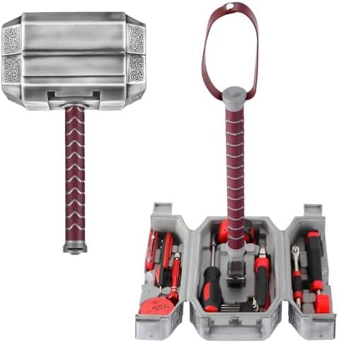 TOKKOT Thor Hammer Tool Box, 28pcs Multifunctional Home Repair Tool Set Excellent Hand Tool Novelty Gift for Men as Father's Day Prop Hammer (Silver)