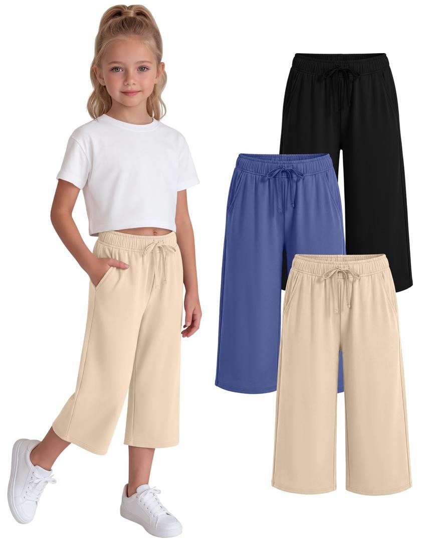 LessonZoo 3 Pack Girls' Capri Pants, 3-Color, 9-10 Years