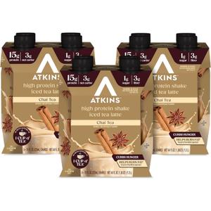 Atkins Chai Tea Latte Flavored Protein Shake, High Protein Shake, Low Glycemic, Low Carb, Low Sugar, Keto Friendly, Gluten Free, Ready to Drink Protein Shake, 12 count (3 sets of 4) Best By: 08/13/26