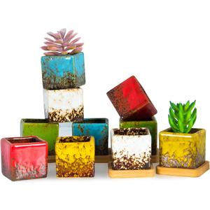 ARTKETTY Set of 10 Succulent Pots with Drainage Trays, 2.1 Inch Ceramic Pots for Indoor Flower Plants, Small Square Cactus Planter Pots Bulk for Garden Home Desk Windowsill Decor