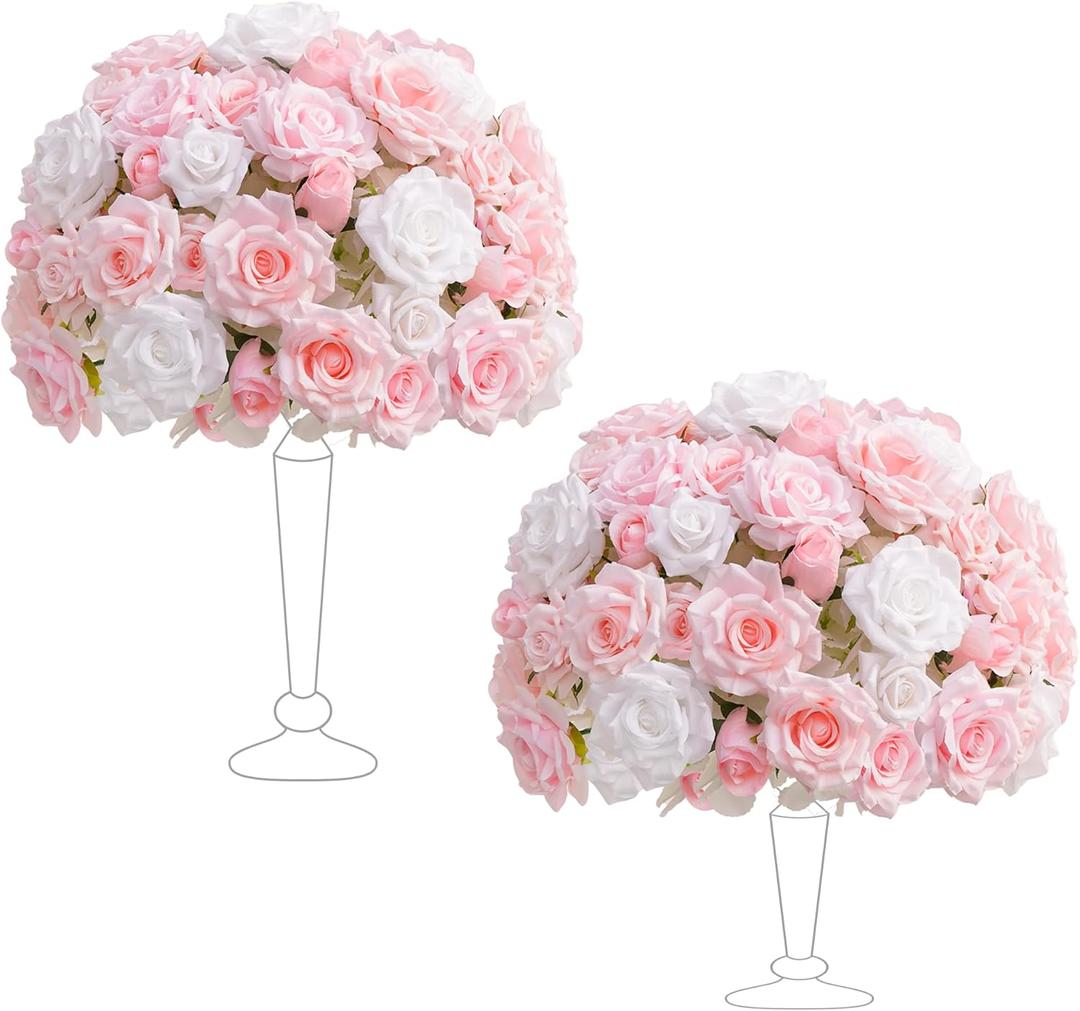 2pcs Large Artificial Flowers Centerpieces Decor for Tables Floral Arrangement Bouquet for Wedding Reception Aisle Ceremony Party Flowers Balls (Without Stand) (2pcs 15'' Pink)