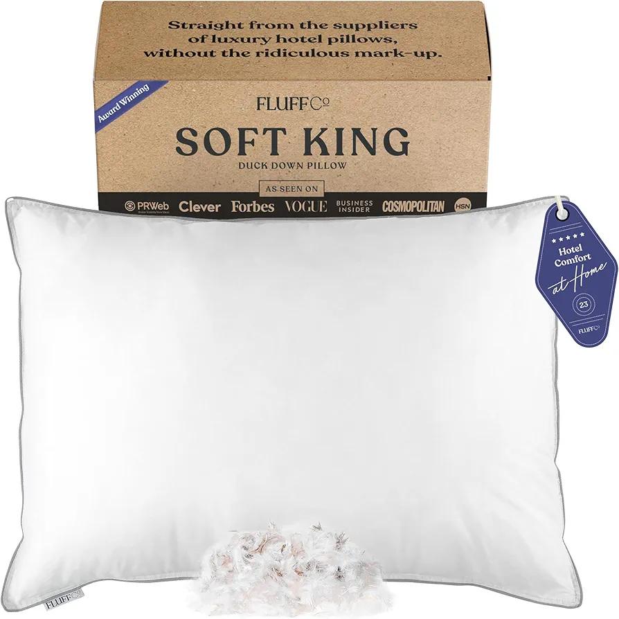 FluffCo Zen Fluff Down King Pillow with 600 Fill Power White Duck Down Stomach Sleeper Pillows - Luxury Hotel Quality, 300 Thread Count - 100% Cotton Feather Pillows - (Soft, King Size 1 Pack)