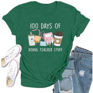 Qskall 100 Days of School Shirt for Women 100th Day of School Tshirts Teacher Tee Top (S, Green)