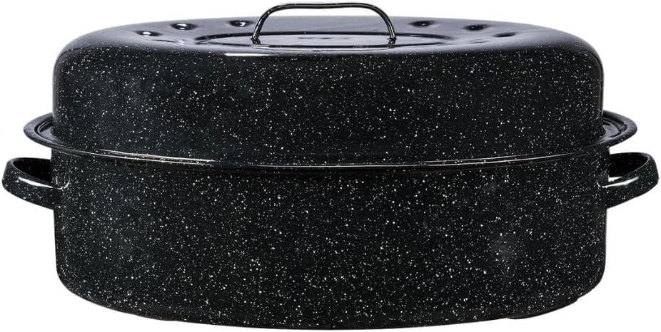 Granite Ware 19 inch oval roaster with Lid enameled steel design to accommodate up to 20 lb poultry/roast. Resists up to 932F (Black)
