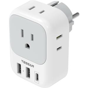 TESSAN Type E F Plug Adapter, Germany France Power Adapter with 3 USB Ports(1 USB C), 4 AC Outlets Travel Adaptor for US to Europe EU Spain Iceland Korea Greece Russia German French