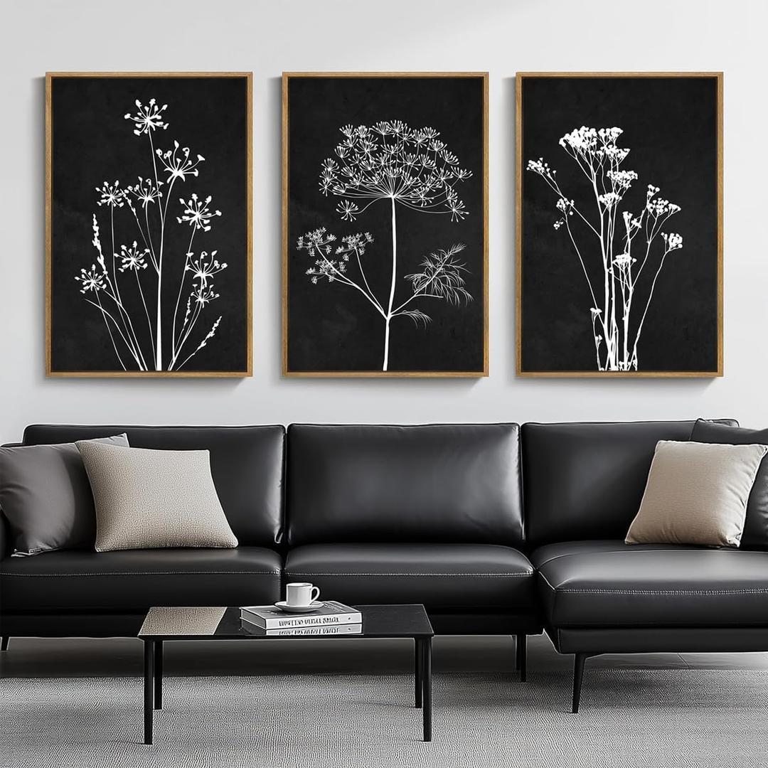 BINCUE Framed Botanical Wall Art Black Grey and White Plant Floral Print Canvas for Living Room Bedroom Office 3 Panel 16x24 Inches (24L" x 16W")