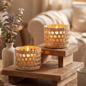 2 Pack Wicker Rattan Woven Tea Light Candle Holder Kit Rustic Handcraft Rattan Woven Candle Holder with Glass Cup Vintage Tealight Farmhouse Votive Candlestick Decor for Dining Wedding