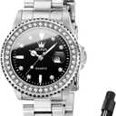 OLEVS Womens Watch Elegant Dress Diamond Analog Quartz Watch Two Tone Stainless Steel Waterproof Luminous Wristwatch (9945 Sliver Band/Black Face)