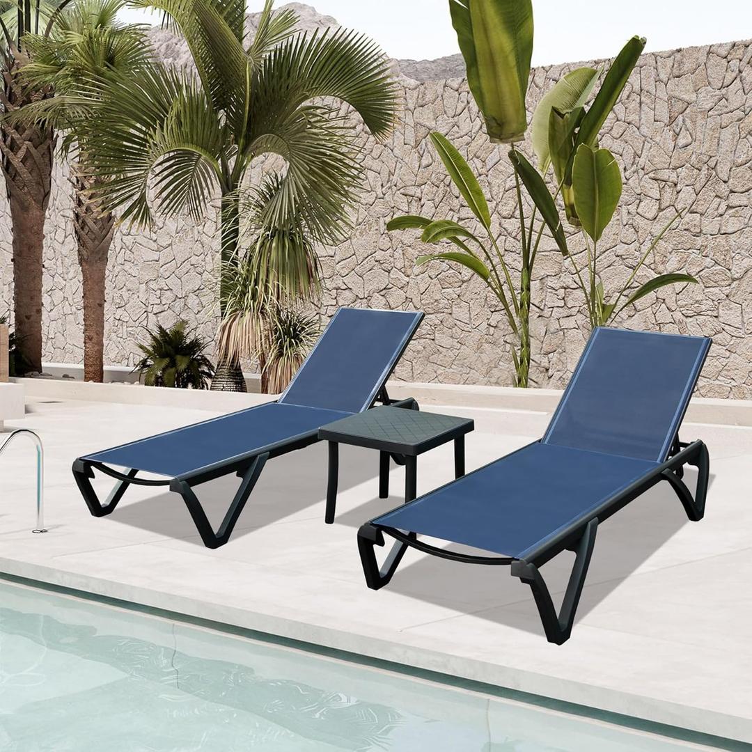 Domi Pool Lounge Chair Set of 3, Aluminum Outdoor Chaise Lounge with Side Table,5 Position Adjustable Backrest and Wheels, Outdoor Lounge Chairs for Pool, Garden, Beach, Backyar, Navy Blue