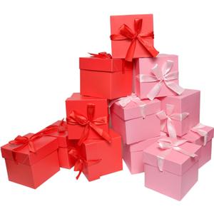 6 Pcs Pink & 6 Pcs Red Gift Boxes with Lids for Birthdays, Easter,Father's Day, Women's Day,Graduation and All Occasions, (12-Count, Finished Size 4'' x 4''x 4'')
