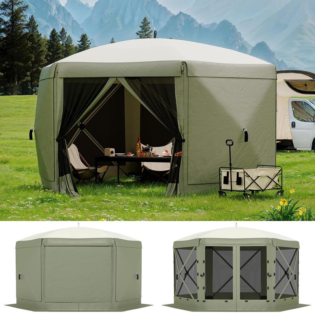 13FT Pop-Up Gazebo 6-Sided with Mosquito Netting & Removable Wind Cloths Outdoor Canopy Tent One-Push Setup for Camping, Backyard, Army Green, Size: Fixed Top-13ft
