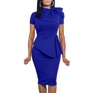 LAGSHIAN Women Fashion Peplum Bodycon Short Sleeve Bow Club Ruffle Pencil Party Dress XL