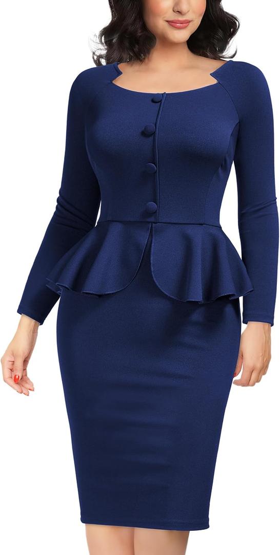 AISIZE Women's Vintage Square Neck Long Sleeve Peplum Cocktail Party Dress, S