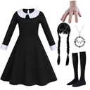 6pcs Girls Halloween Costume Girls Black Dress Long Sleeve with Wig Necklace Sock 314Y (78 Years)