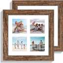 Hongkee 8x8 Picture Frame Set of 2, with Glass and Rustic Brown Wood Frames, Display Collage Four Opening 3x3 With Mat or 8 x 8 Without Mat for Wall Hanging or Tabletop, 8x8 in matted to 4-3x3