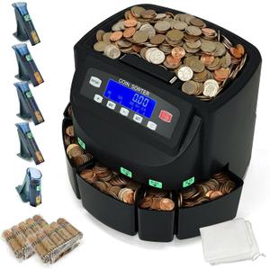 USD Coin Counter Machine with LCD Display,Coin Sorter and Wrapper Machine,Sorts 151025$1 up to 300 Coins/min,2000-coin Capacity,Business Grade,5 Bins&5 Tubes,Automatic Wrapper (Matte Black)