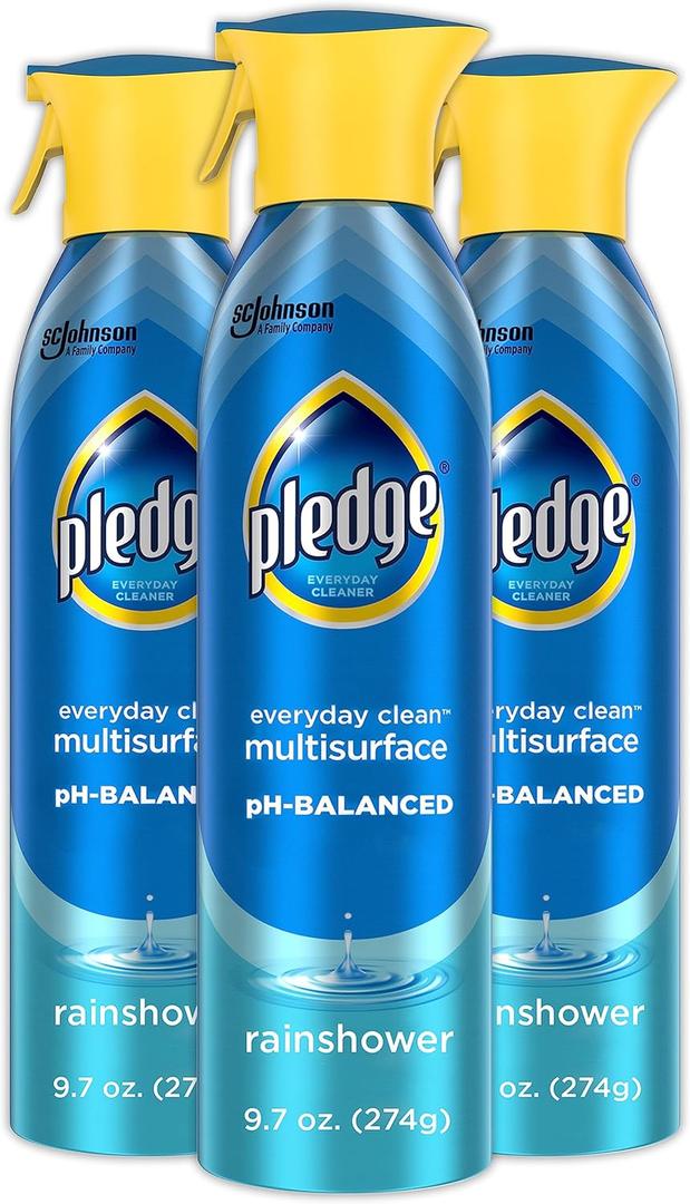 Pledge pH-Balanced Multisurface Spray, Gently Clean 101 Surfaces, Remove Dust and Messes, No Residue - Rainshower Scent, 9.7oz, Pack of 3