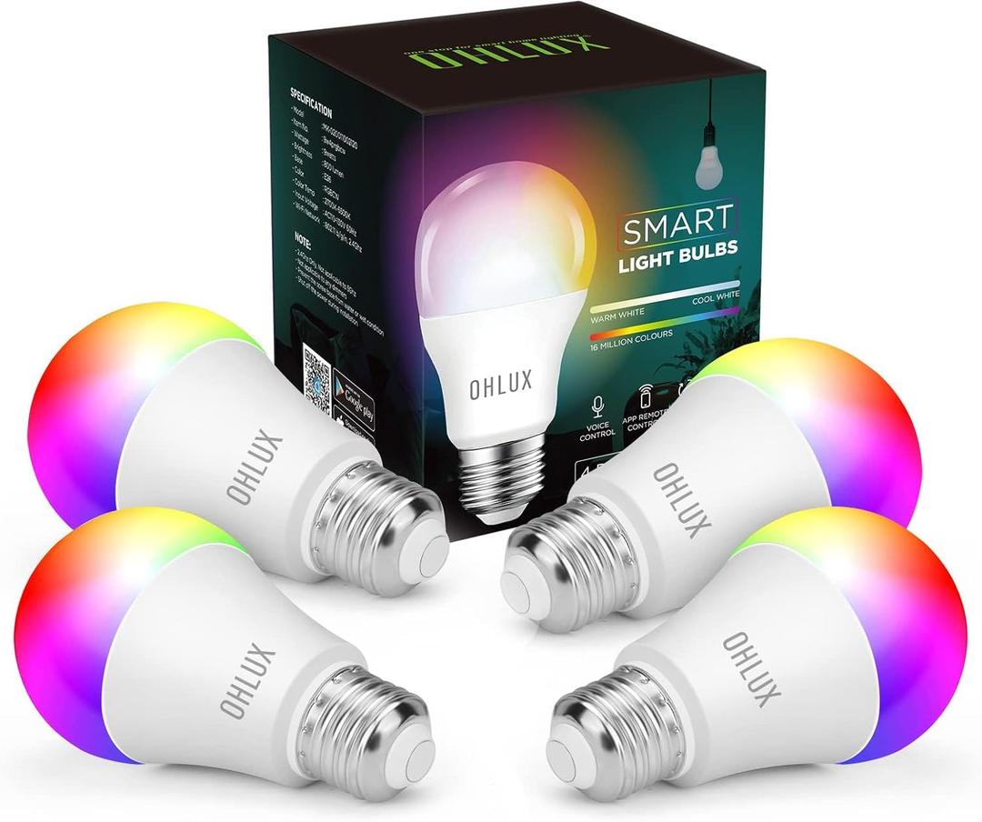 OHLUX Smart WiFi LED Light Bulbs Compatible with Alexa Google Home 900Lumen 100W Equivalent, RGBCW Multi-Color, 2700-6500k Dimmable,Voice Control 9W E26 A19 Color Changing Bulb-4PACK