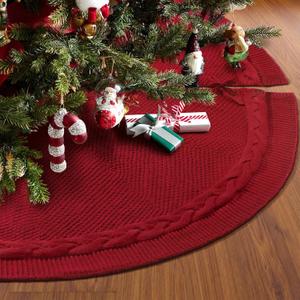 Knitted Christmas Tree Skirt 48 inches - Red Cable Knit Christmas Tree Skirt - Thick Rustic Farmhouse Christmas Tree Skirt Decorations - Xmas Holiday Home Party Decor(Burgundy)