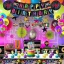 80s Birthday Party Decorations 32 PCS Balloon Set Kit with Happy Birthday Banner, Record Foil Balloons, Tablecloth, Cake Toppers, Latex Balloons for Retro 1980s Theme Party Supplies