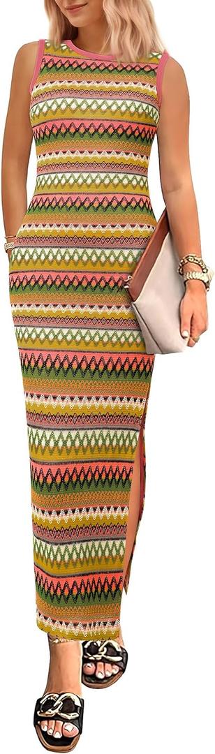 PRETTYGARDEN Womens Maxi Tank Spring Dress Sleeveless Crew Neck Striped Side Slit Casual Long Bodycon Dresses (XL)