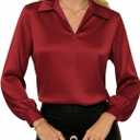 GRACE KARIN Business Casual Tops for Women Satin Silk Blouse Collared V Neck Long Sleeve Work Shirt Dressy Top Summer Outfits (X-Large)