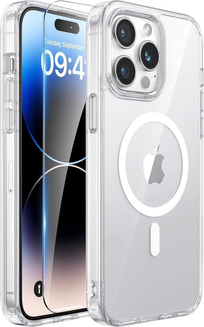 Miracase Magnetic for iPhone 14 Pro Max Case with Screen Protector, Compatible with MagSafe Accessories [Not-Yellowing], Shockproof Slim Phone Case for iPhone 14 Pro Max, Clear Magnetic