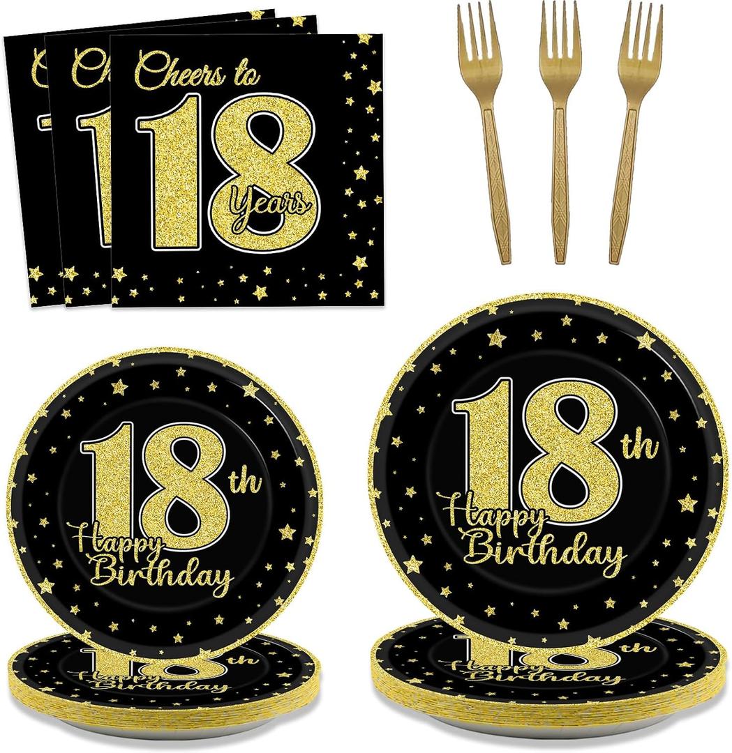 96 Pcs 18th Birthday Party Supplies for 24 Guests Cheers to 18 Years Tableware Table Decorations Black Gold 18th Birthday Plates Napkins Dinnerware for Boys Girls 18 Years Old Birthday Party Favor