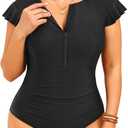 Holipick Plus Size One Piece Swimsuit for Women Tummy Control Cap Sleeves Bathing Suits Zipper Front Rash Guard Swimwear (Black, 22W)