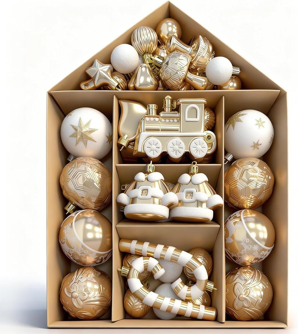 Ornaments for Christmas Trees,74 Count Gold Christmas Tree Decorations, Shatterproof Plastic Hanging Bulbs Decorations Set for Xmas Holiday Party